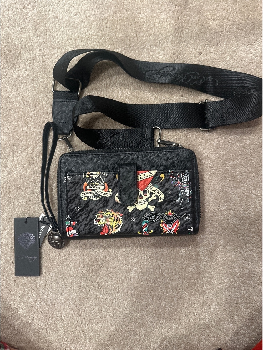 (2)Ed Hardy Black Crossbody Bag with Tattoo Print and Skull Charm